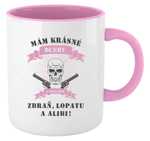 Hrnek Mám krásné dcery, a taky zbraň, lopatu a alibi - lebka