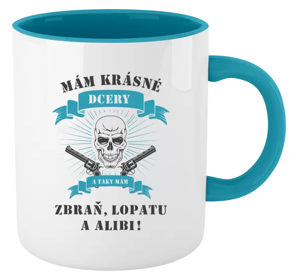 Hrnek Mám krásné dcery, a taky zbraň, lopatu a alibi - lebka