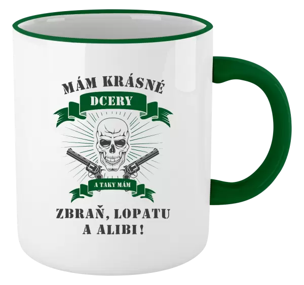 Hrnek Mám krásné dcery, a taky zbraň, lopatu a alibi - lebka