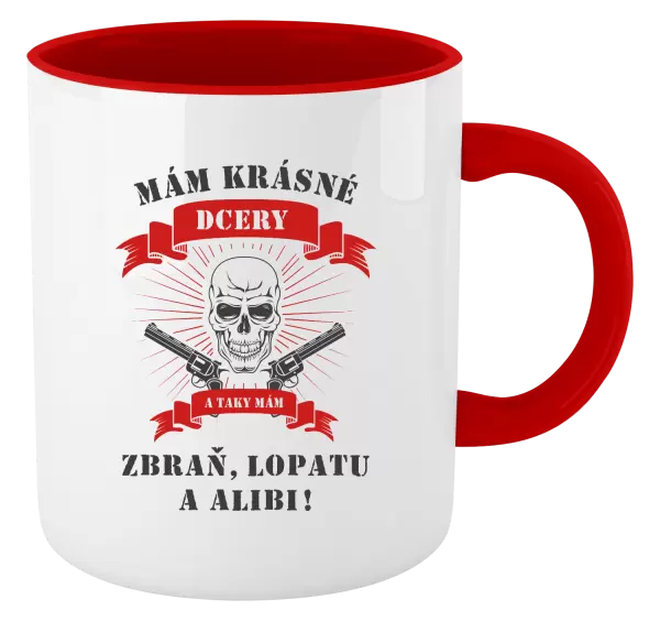 Hrnek Mám krásné dcery, a taky zbraň, lopatu a alibi - lebka