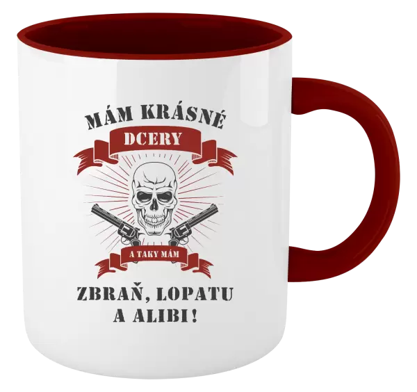 Hrnek Mám krásné dcery, a taky zbraň, lopatu a alibi - lebka