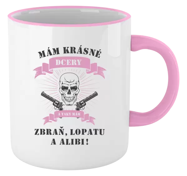 Hrnek Mám krásné dcery, a taky zbraň, lopatu a alibi - lebka