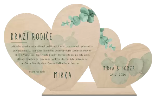 Dřevěná dvě srdce na stojánku EUKALYPTUS