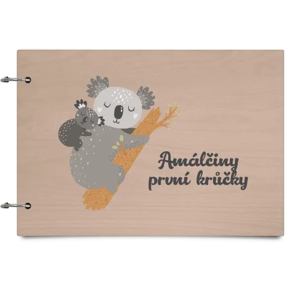 Dřevěné album se sponami První krůčky se jménem - koala