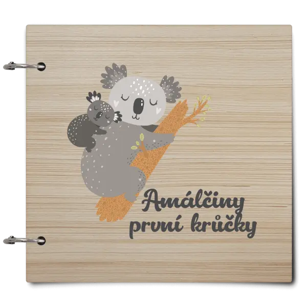 Dřevěné album se sponami První krůčky se jménem - koala