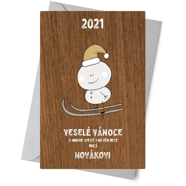 Dřevěné přání Sněhulák na lyžích