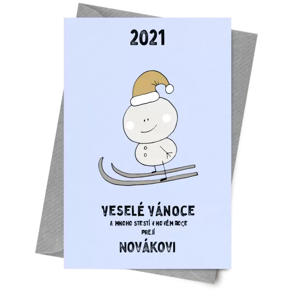 Papírové přání Sněhulák na lyžích