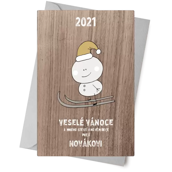 Dřevěné přání Sněhulák na lyžích