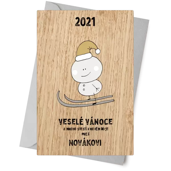 Dřevěné přání Sněhulák na lyžích