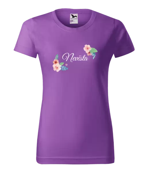 Dámské svatební tričko Nevěsta - růžovomodré květiny