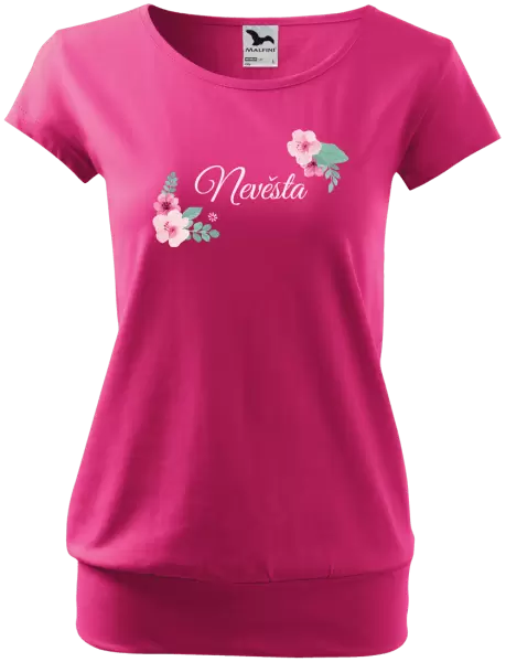 Dámské svatební tričko Nevěsta - růžovomodré květiny