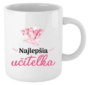 Hrnček Najlepšia učiteľka - obálka so srdiečkom