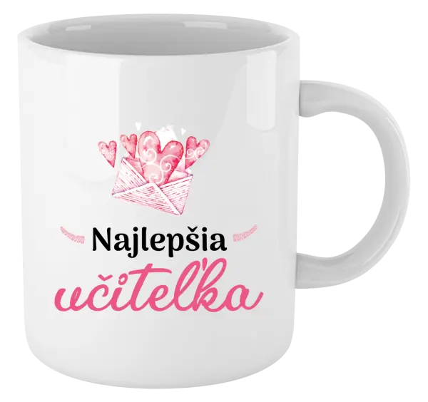 Hrnček Najlepšia učiteľka - obálka so srdiečkom