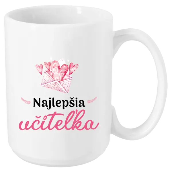 Hrnček Najlepšia učiteľka - obálka so srdiečkom