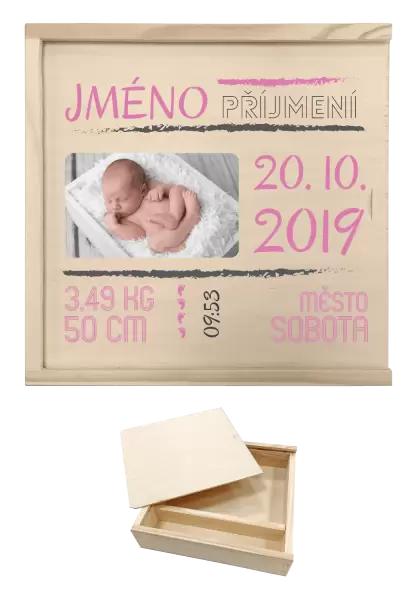 Dřevěná krabička na fotografie Narození miminka 01