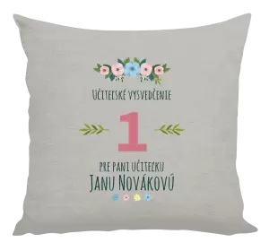 Vankúš Učiteľské vysvedčenie pre pani učiteľku
