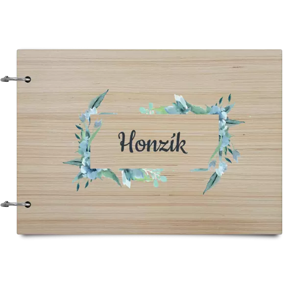 Drevený album so sponami Zelené lístočky s menom