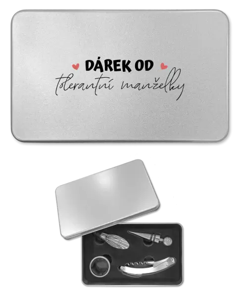 Sada k vínu plechová Dárek od tolerantní manželky