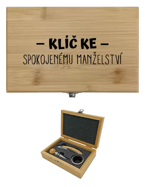 Sada k vínu dřevěná Klíč ke spokojenému manželství