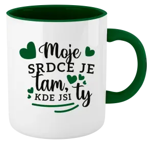 Hrnek 330 ml - barevný vnitřek a ucho Moje srdce je tam, kde jsi ty