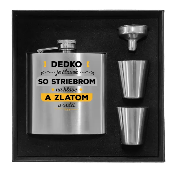 Ploskačka v krabičke Dedko je človek so striebrom na hlave a zlatom v srdci