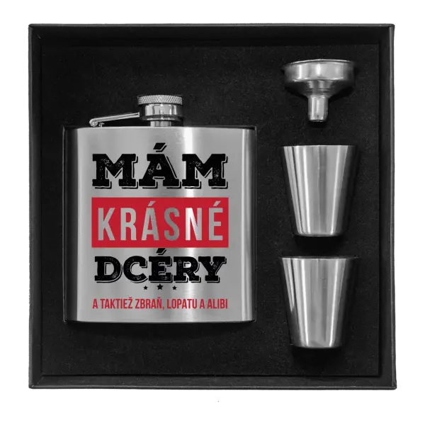 Ploskačka v krabičke Mám krásné dcéry, a taktiež zbraň, lopatu a alibi