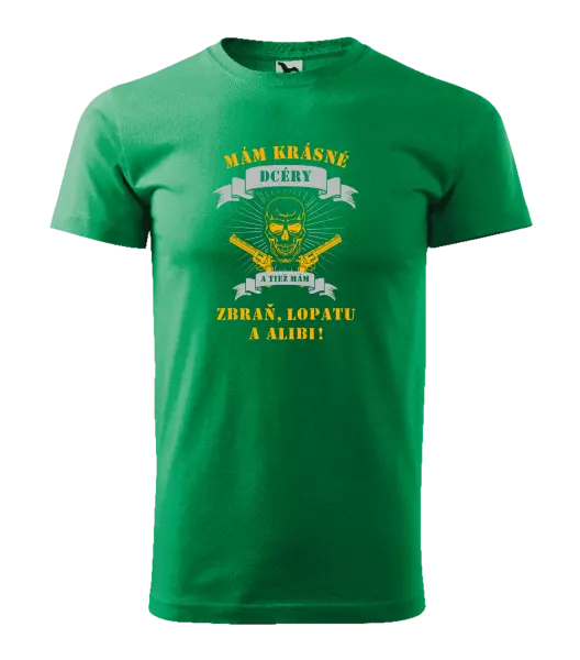Pánske tričko Mám krásné dcéry, a tiež zbraň, lopatu a alibi - lebka