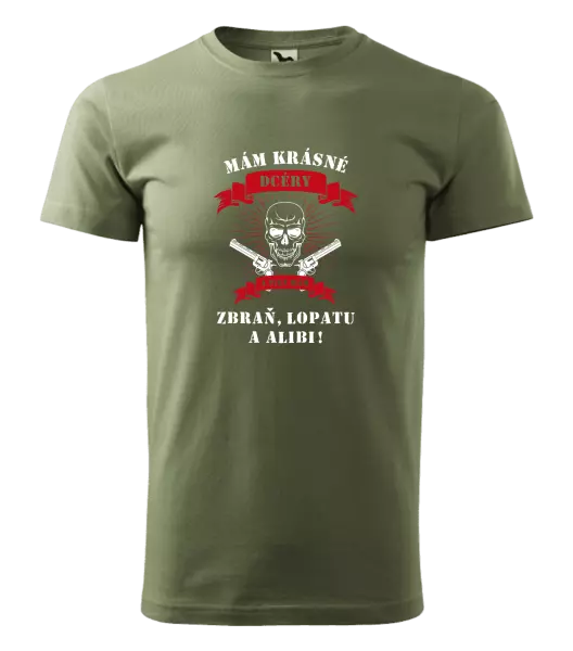 Pánske tričko Mám krásné dcéry, a tiež zbraň, lopatu a alibi - lebka