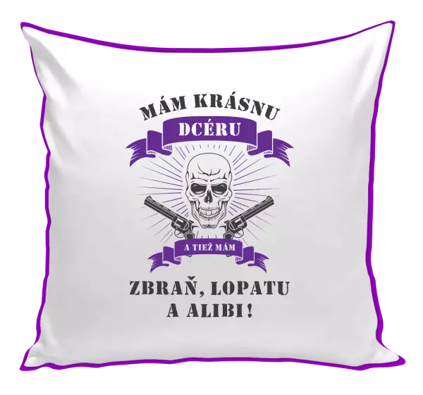 Vankúš Mám krásnou dceru, a taky zbraň, lopatu a alibi - lebka - kopie