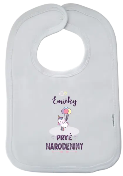 Detský podbradník Prvé narodeniny - jednorožec, s menom