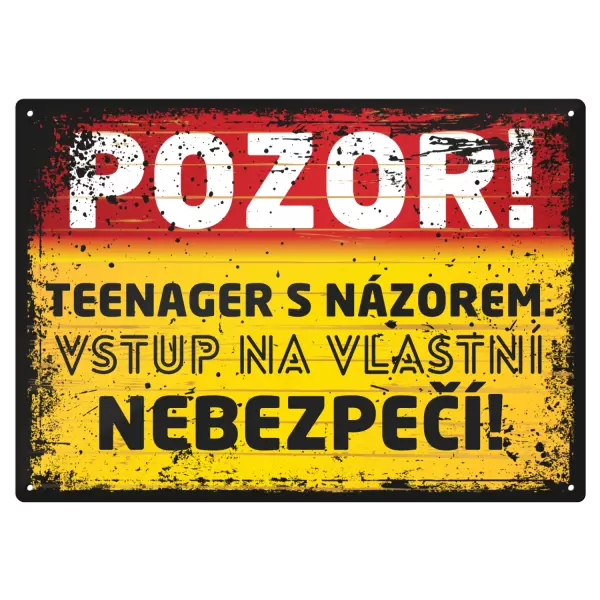Kovová cedulka POZOR - teenager s názorem