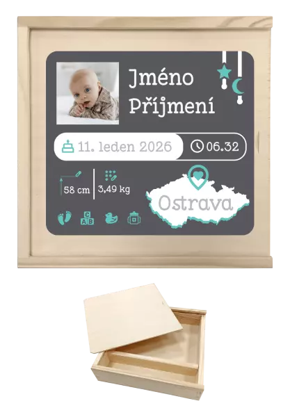 Dřevěná krabička na fotografie Narození miminka 02