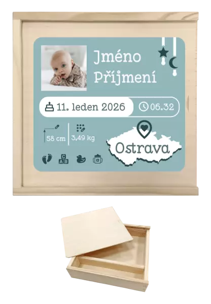 Dřevěná krabička na fotografie Narození miminka kluk 02