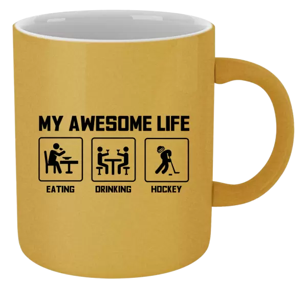 Metalický hrnek My awesome life - eating, drinking, hockey