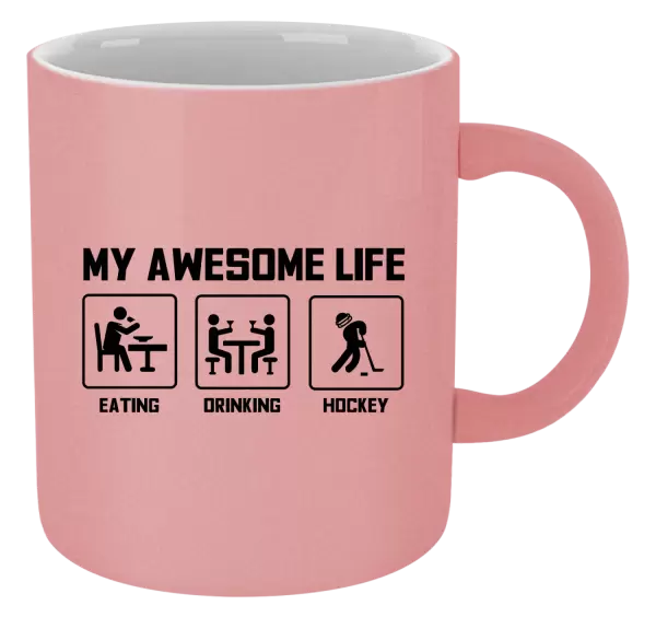 Metalický hrnek My awesome life - eating, drinking, hockey