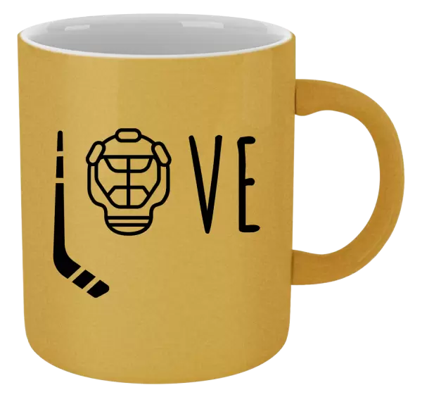 Metalický hrnek LOVE s hokejkou a helmou