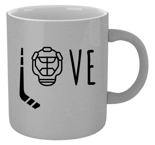 Metalický hrnek LOVE s hokejkou a helmou