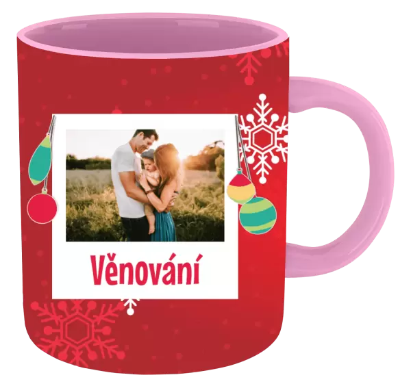 Vánoční hrnek Vločky na červeném pozadí