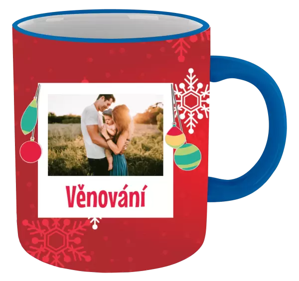 Vánoční hrnek Vločky na červeném pozadí