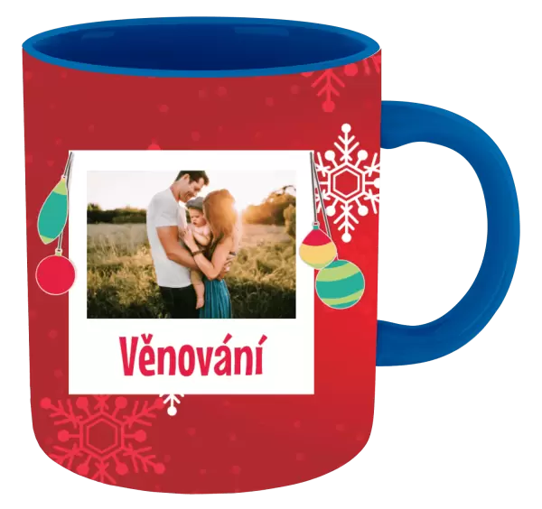 Vánoční hrnek Vločky na červeném pozadí