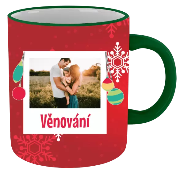 Vánoční hrnek Vločky na červeném pozadí