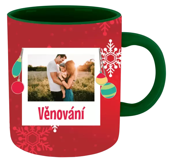 Vánoční hrnek Vločky na červeném pozadí