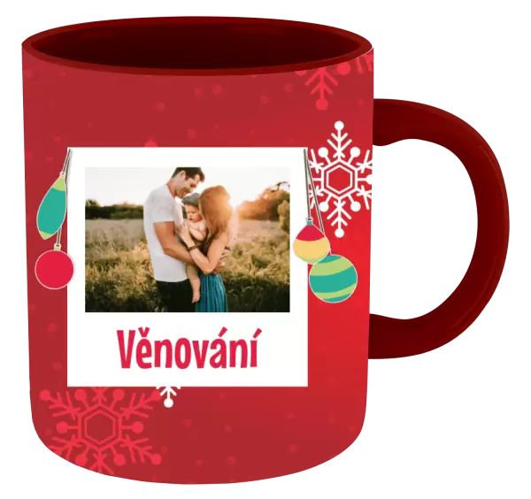 Vánoční hrnek Vločky na červeném pozadí