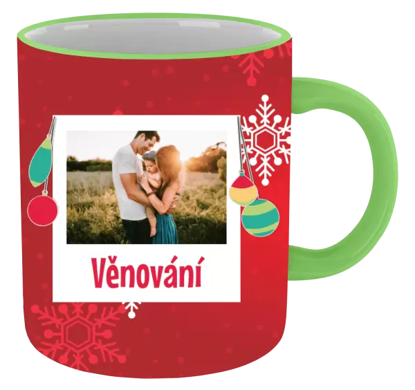 Vánoční hrnek Vločky na červeném pozadí