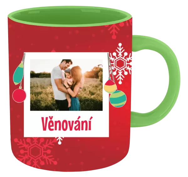 Vánoční hrnek Vločky na červeném pozadí