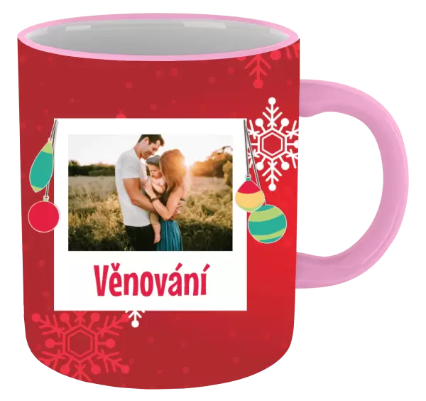 Vánoční hrnek Vločky na červeném pozadí