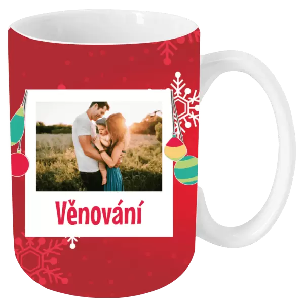 Vánoční hrnek Vločky na červeném pozadí