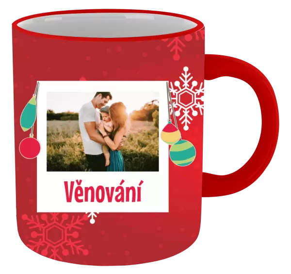 Vánoční hrnek Vločky na červeném pozadí