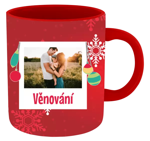 Vánoční hrnek Vločky na červeném pozadí