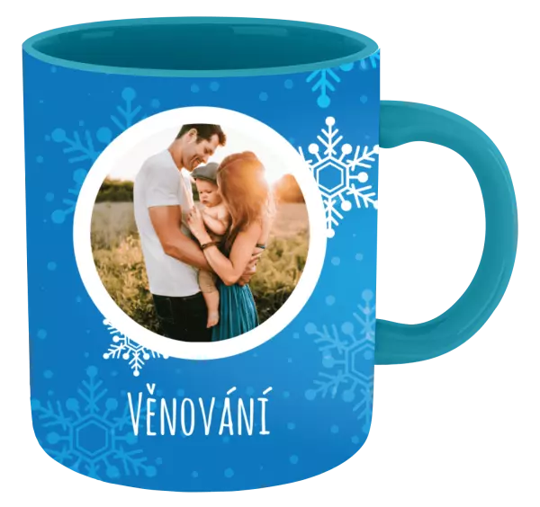 Vánoční hrnek Vločky na modrém pozadí